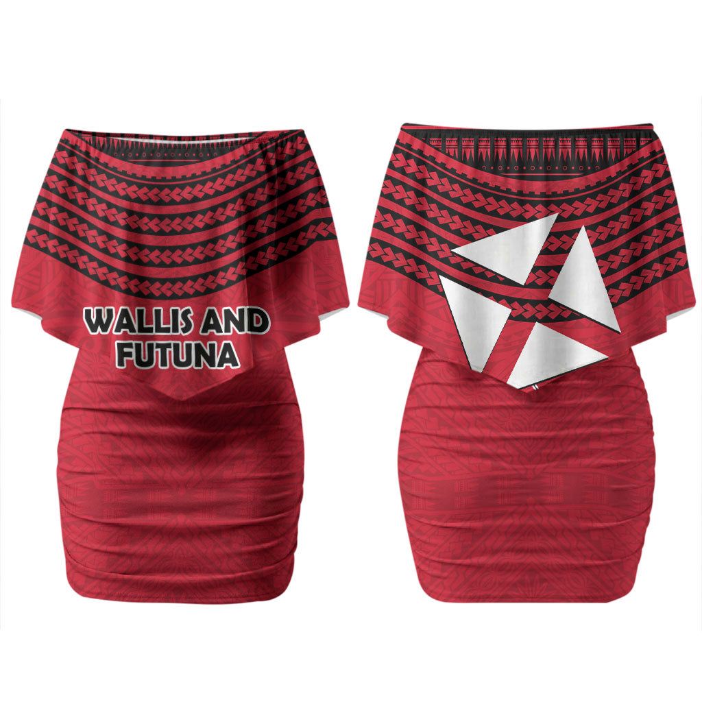Wallis And Futuna Couples Matching Off Shoulder Short Dress and Long Sleeve Button Shirt Polynesian Tattoo Flag Map