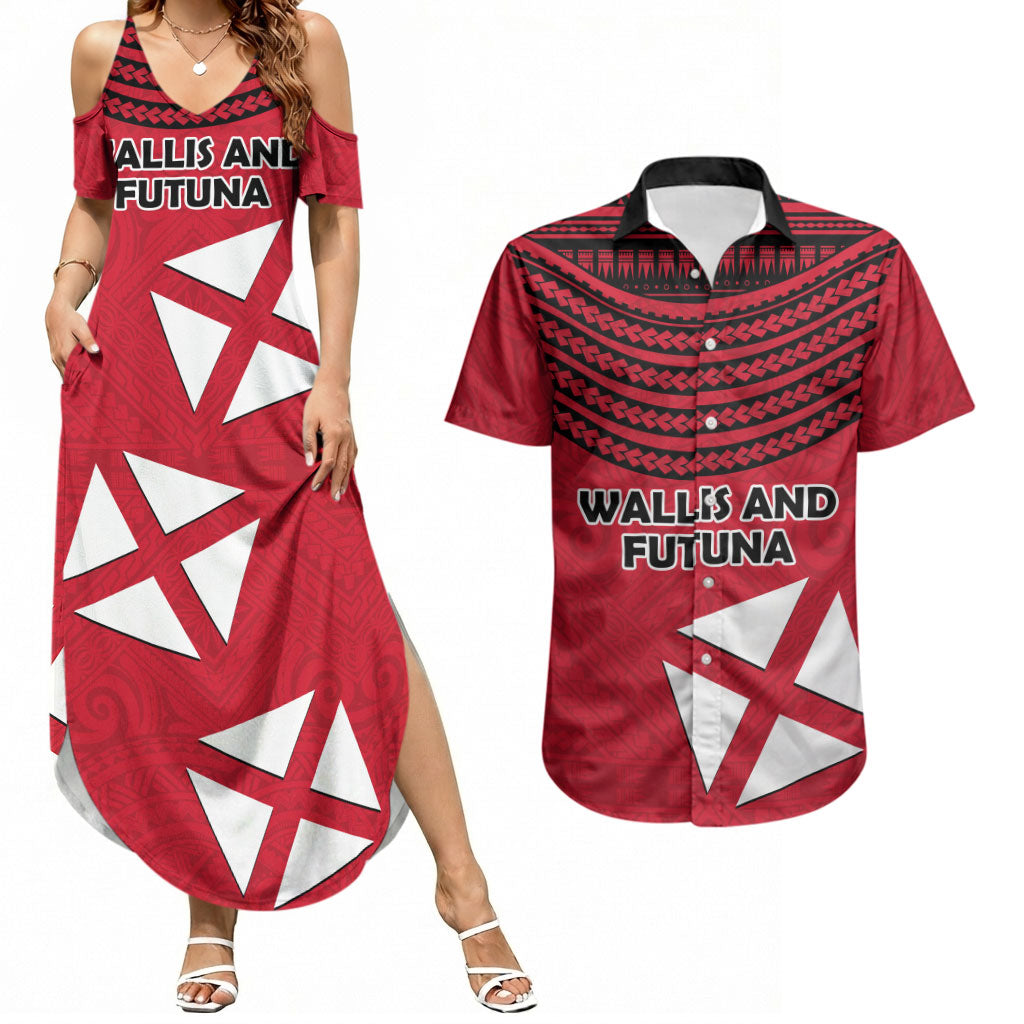 Wallis And Futuna Couples Matching Summer Maxi Dress and Hawaiian Shirt Polynesian Tattoo Flag Map