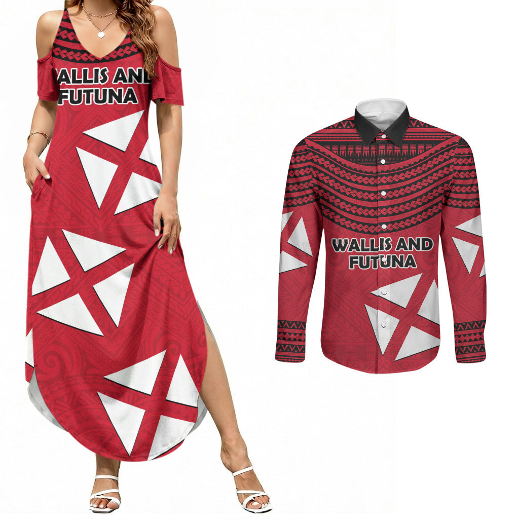 Wallis And Futuna Couples Matching Summer Maxi Dress and Long Sleeve Button Shirt Polynesian Tattoo Flag Map