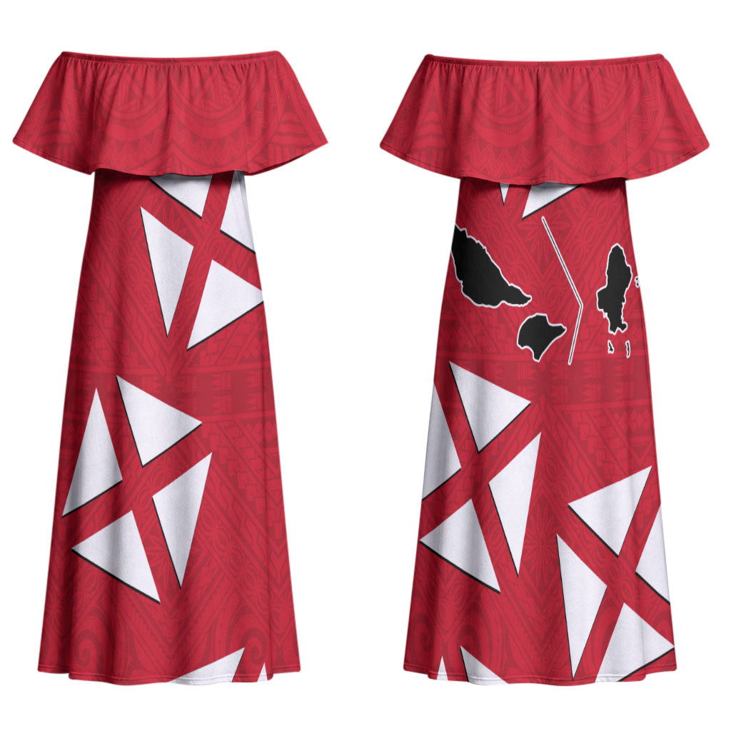 Wallis And Futuna Family Matching Off Shoulder Maxi Dress and Hawaiian Shirt Polynesian Tattoo Flag Map
