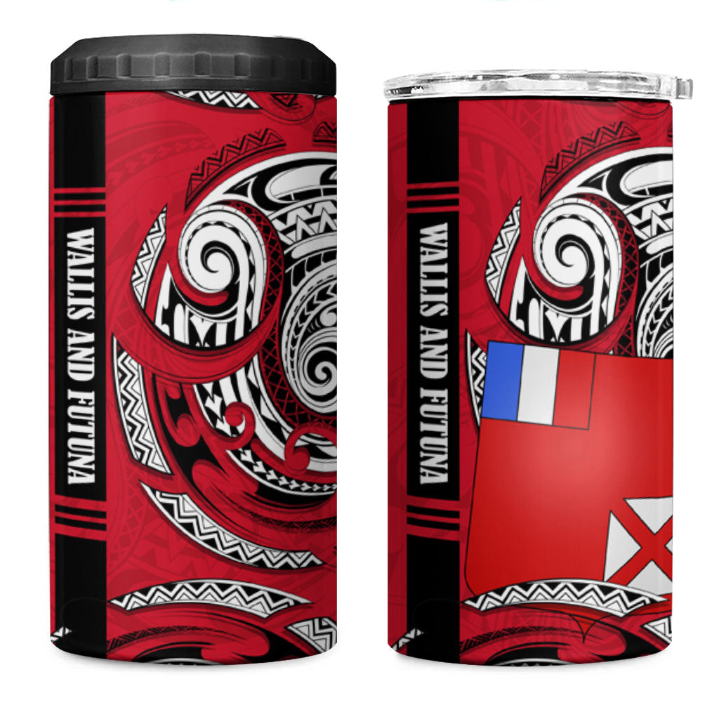 Wallis And Futuna 4 in 1 Can Cooler Tumbler Tribal Polynesian Tattoo Flag Motif