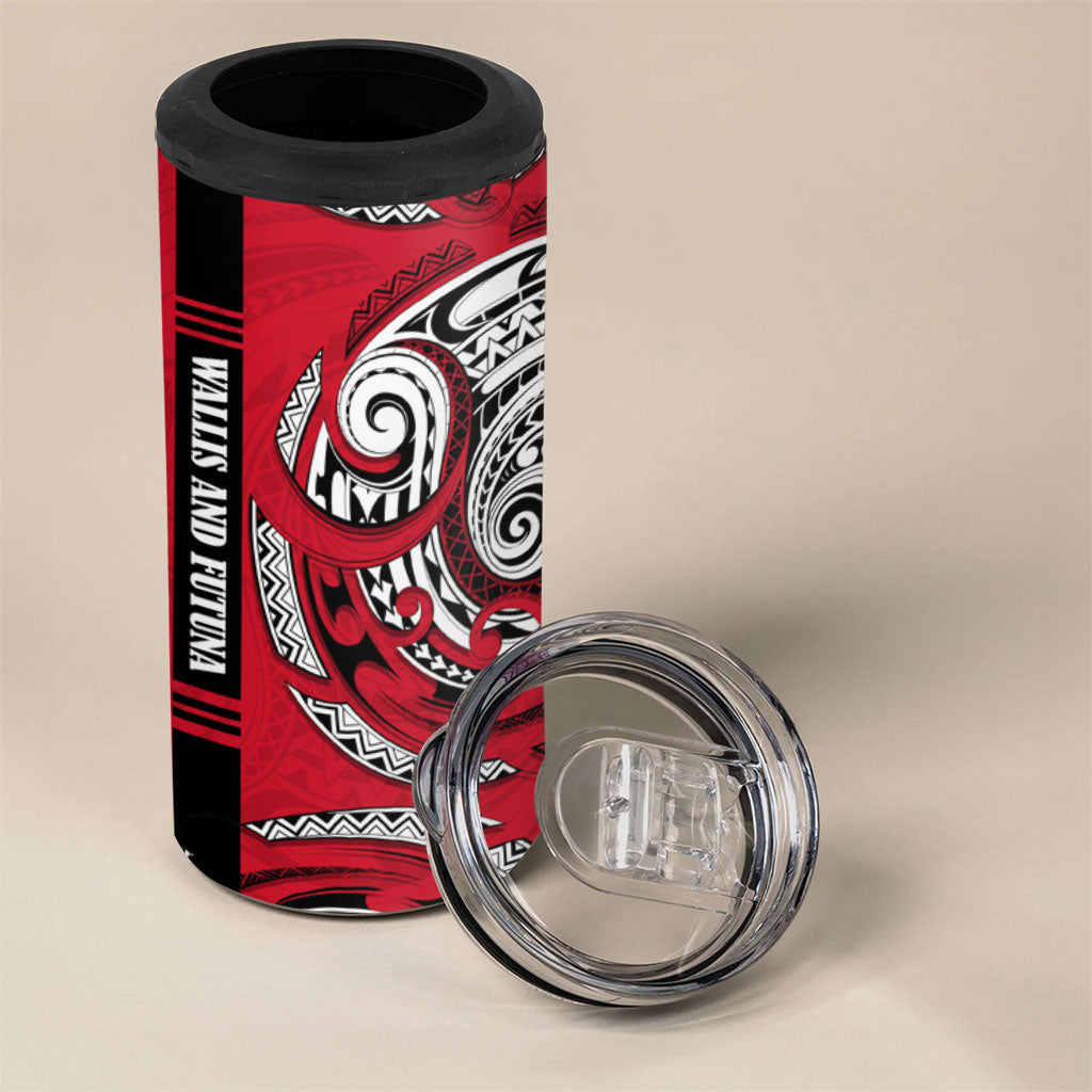 Wallis And Futuna 4 in 1 Can Cooler Tumbler Tribal Polynesian Tattoo Flag Motif