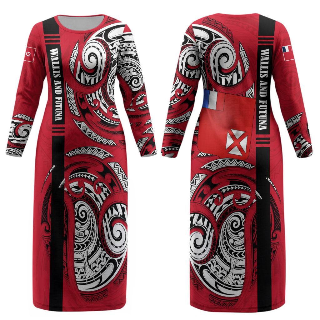 Wallis And Futuna Couples Matching Long Sleeve Bodycon Dress and Hawaiian Shirt Tribal Polynesian Tattoo Flag Motif