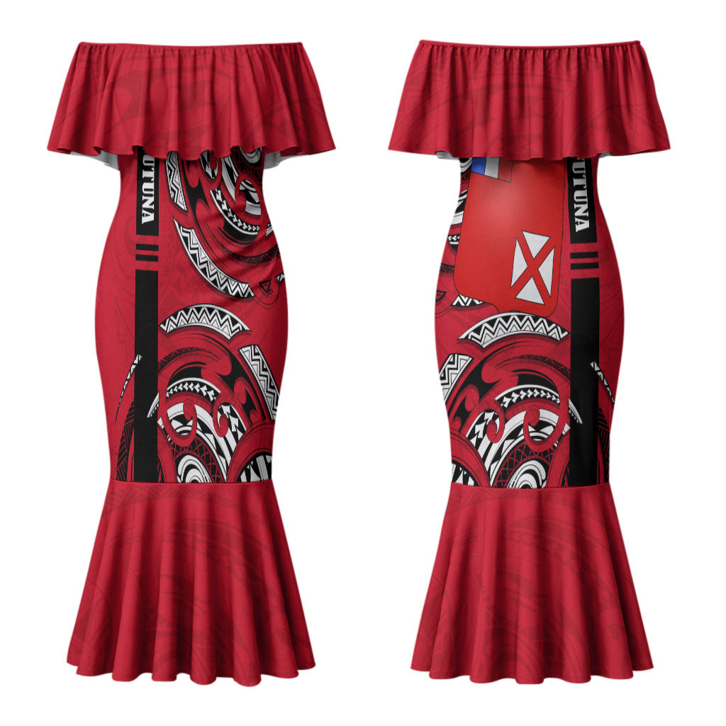 Wallis And Futuna Couples Matching Mermaid Dress and Long Sleeve Button Shirt Tribal Polynesian Tattoo Flag Motif