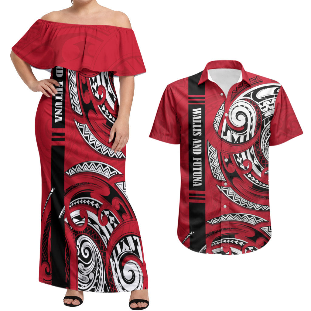 Wallis And Futuna Couples Matching Off Shoulder Maxi Dress and Hawaiian Shirt Tribal Polynesian Tattoo Flag Motif