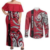 Wallis And Futuna Couples Matching Off Shoulder Maxi Dress and Long Sleeve Button Shirt Tribal Polynesian Tattoo Flag Motif