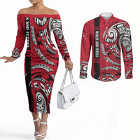 Wallis And Futuna Couples Matching Off The Shoulder Long Sleeve Dress and Long Sleeve Button Shirt Tribal Polynesian Tattoo Flag Motif
