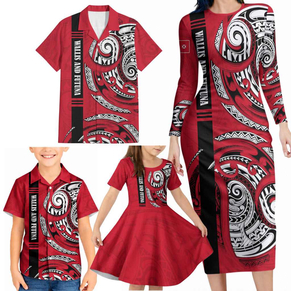Wallis And Futuna Family Matching Long Sleeve Bodycon Dress and Hawaiian Shirt Tribal Polynesian Tattoo Flag Motif