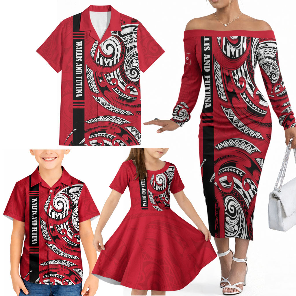Wallis And Futuna Family Matching Off The Shoulder Long Sleeve Dress and Hawaiian Shirt Tribal Polynesian Tattoo Flag Motif