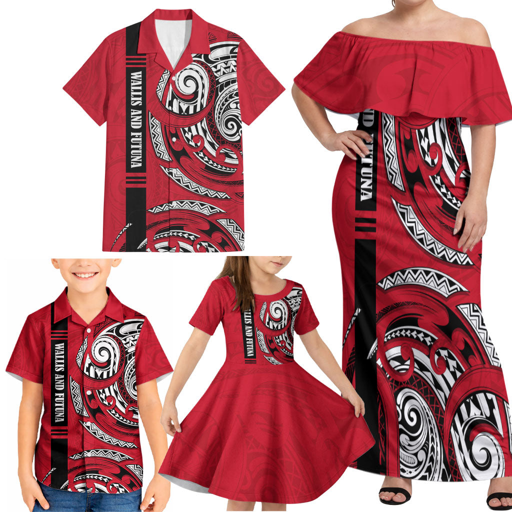 Wallis And Futuna Family Matching Off Shoulder Maxi Dress and Hawaiian Shirt Tribal Polynesian Tattoo Flag Motif