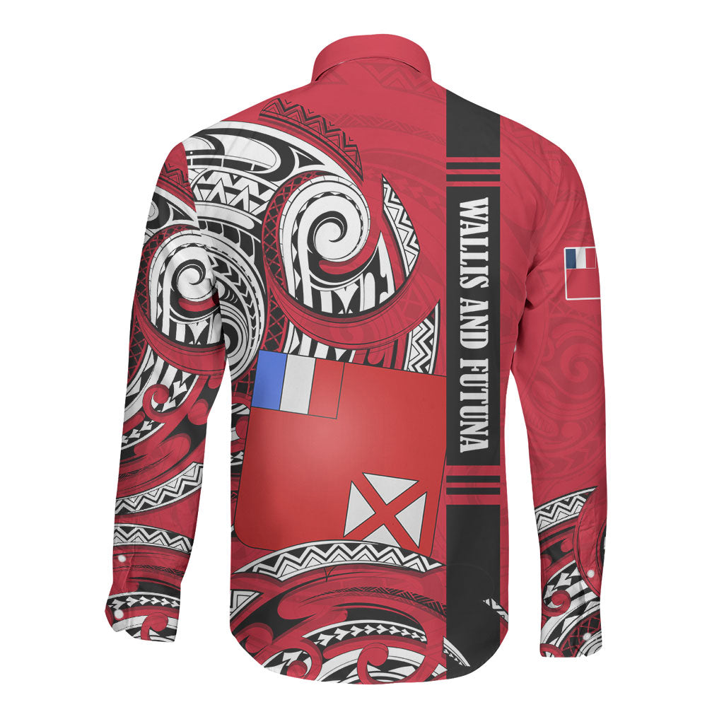 Wallis And Futuna Long Sleeve Button Shirt Tribal Polynesian Tattoo Flag Motif