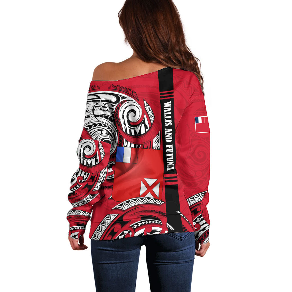Wallis And Futuna Off Shoulder Sweater Tribal Polynesian Tattoo Flag Motif