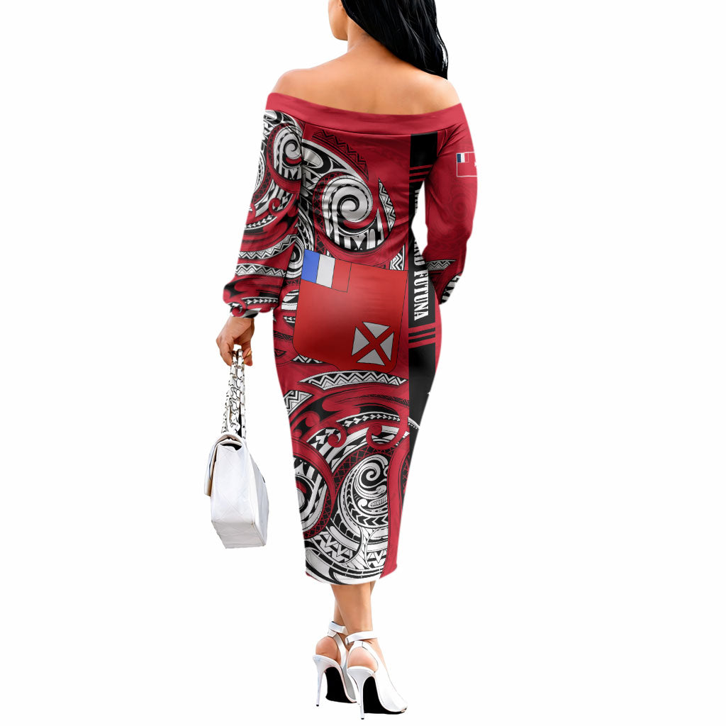 Wallis And Futuna Off The Shoulder Long Sleeve Dress Tribal Polynesian Tattoo Flag Motif