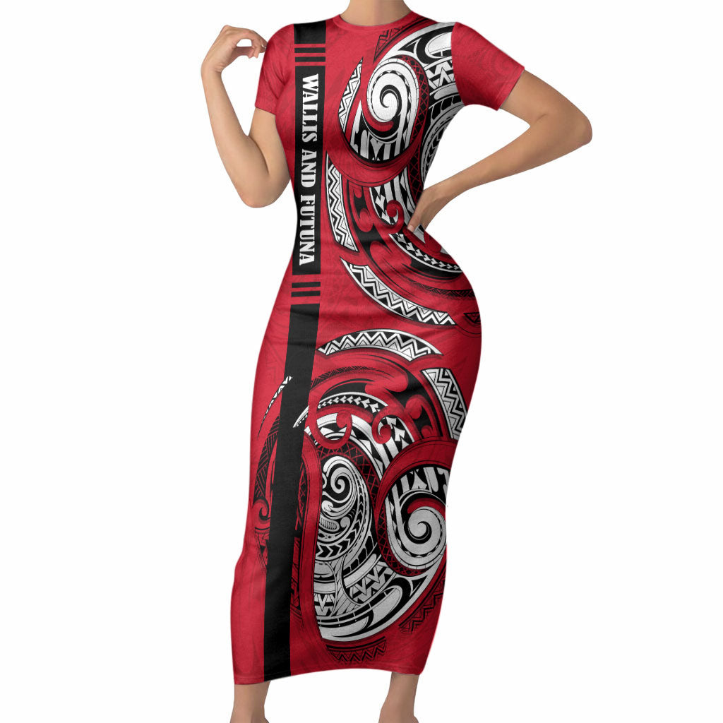 Wallis And Futuna Short Sleeve Bodycon Dress Tribal Polynesian Tattoo Flag Motif