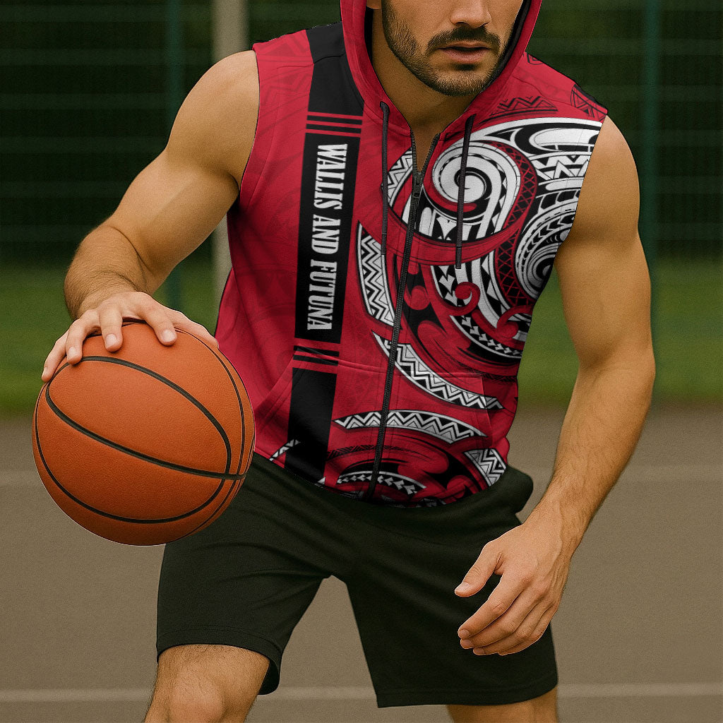 Wallis And Futuna Sleeveless Zip Hoodie Tribal Polynesian Tattoo Flag Motif