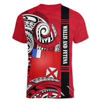 Wallis And Futuna Women V-Neck T-Shirt Tribal Polynesian Tattoo Flag Motif