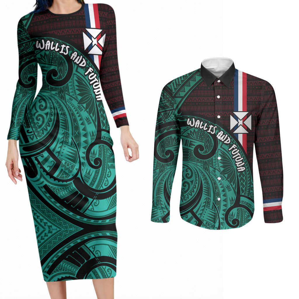 Wallis And Futuna Couples Matching Long Sleeve Bodycon Dress and Long Sleeve Button Shirt Tribal Polynesian Tattoo Heritage Cross Flag