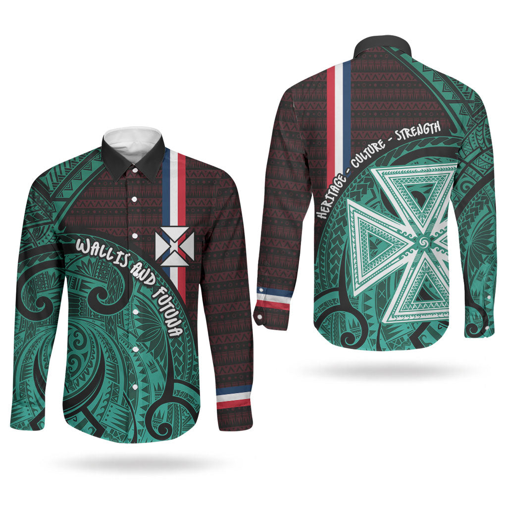 Wallis And Futuna Couples Matching Mermaid Dress and Long Sleeve Button Shirt Tribal Polynesian Tattoo Heritage Cross Flag