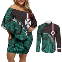Wallis And Futuna Couples Matching Off Shoulder Short Dress and Long Sleeve Button Shirt Tribal Polynesian Tattoo Heritage Cross Flag