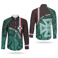 Wallis And Futuna Couples Matching Puletasi and Long Sleeve Button Shirt Tribal Polynesian Tattoo Heritage Cross Flag