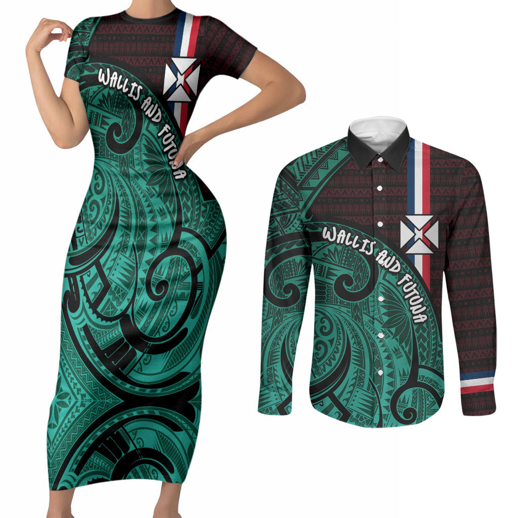 Wallis And Futuna Couples Matching Short Sleeve Bodycon Dress and Long Sleeve Button Shirt Tribal Polynesian Tattoo Heritage Cross Flag