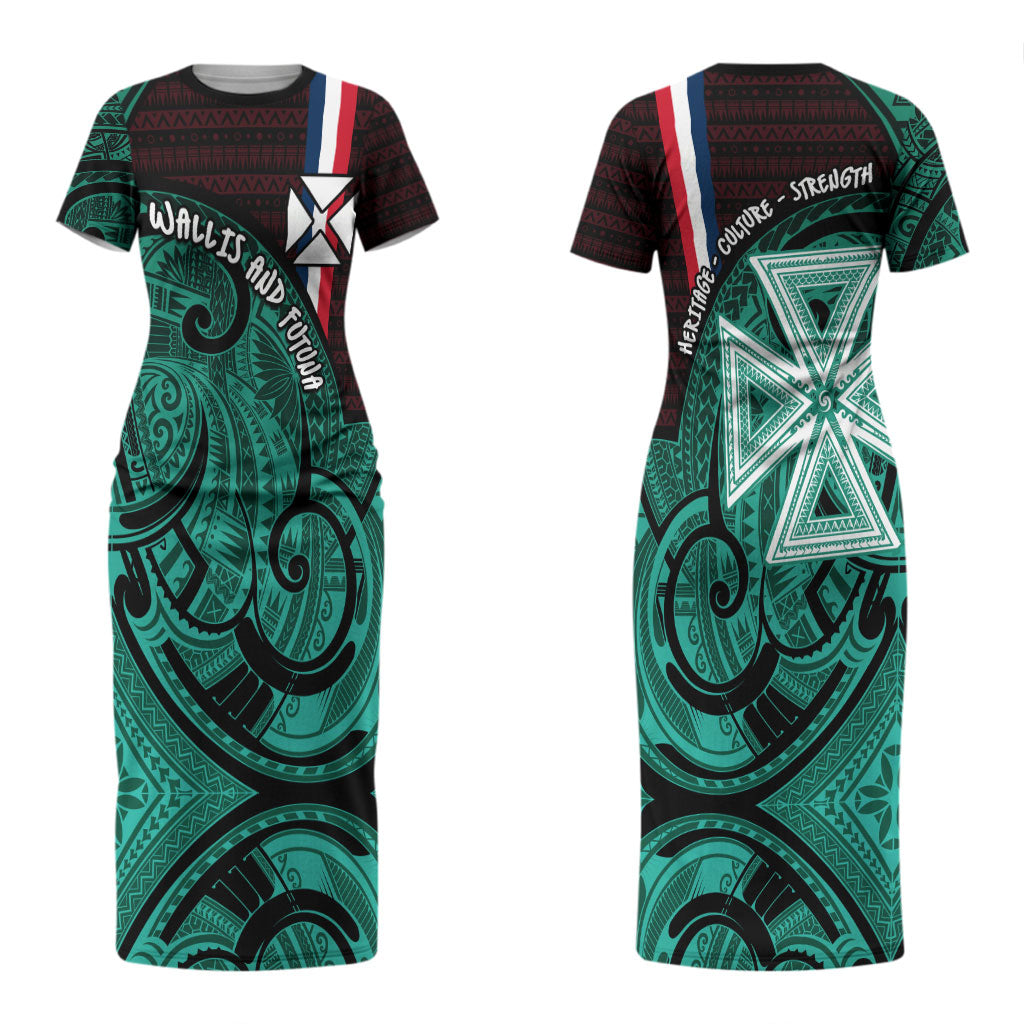 Wallis And Futuna Couples Matching Short Sleeve Bodycon Dress and Long Sleeve Button Shirt Tribal Polynesian Tattoo Heritage Cross Flag