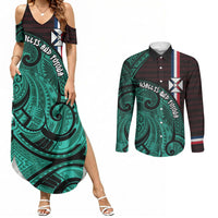 Wallis And Futuna Couples Matching Summer Maxi Dress and Long Sleeve Button Shirt Tribal Polynesian Tattoo Heritage Cross Flag