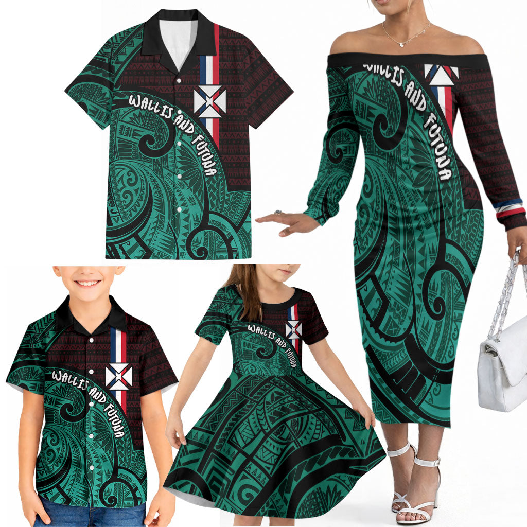 Wallis And Futuna Family Matching Off The Shoulder Long Sleeve Dress and Hawaiian Shirt Tribal Polynesian Tattoo Heritage Cross Flag