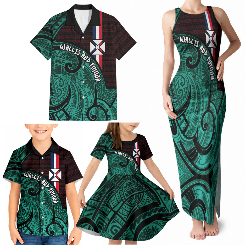Wallis And Futuna Family Matching Tank Maxi Dress and Hawaiian Shirt Tribal Polynesian Tattoo Heritage Cross Flag