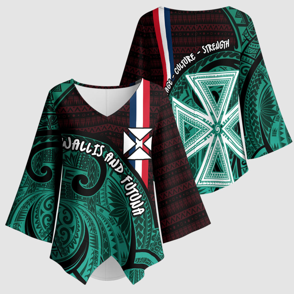Wallis And Futuna Kimono Sleeve Blouse Tribal Polynesian Tattoo Heritage Cross Flag