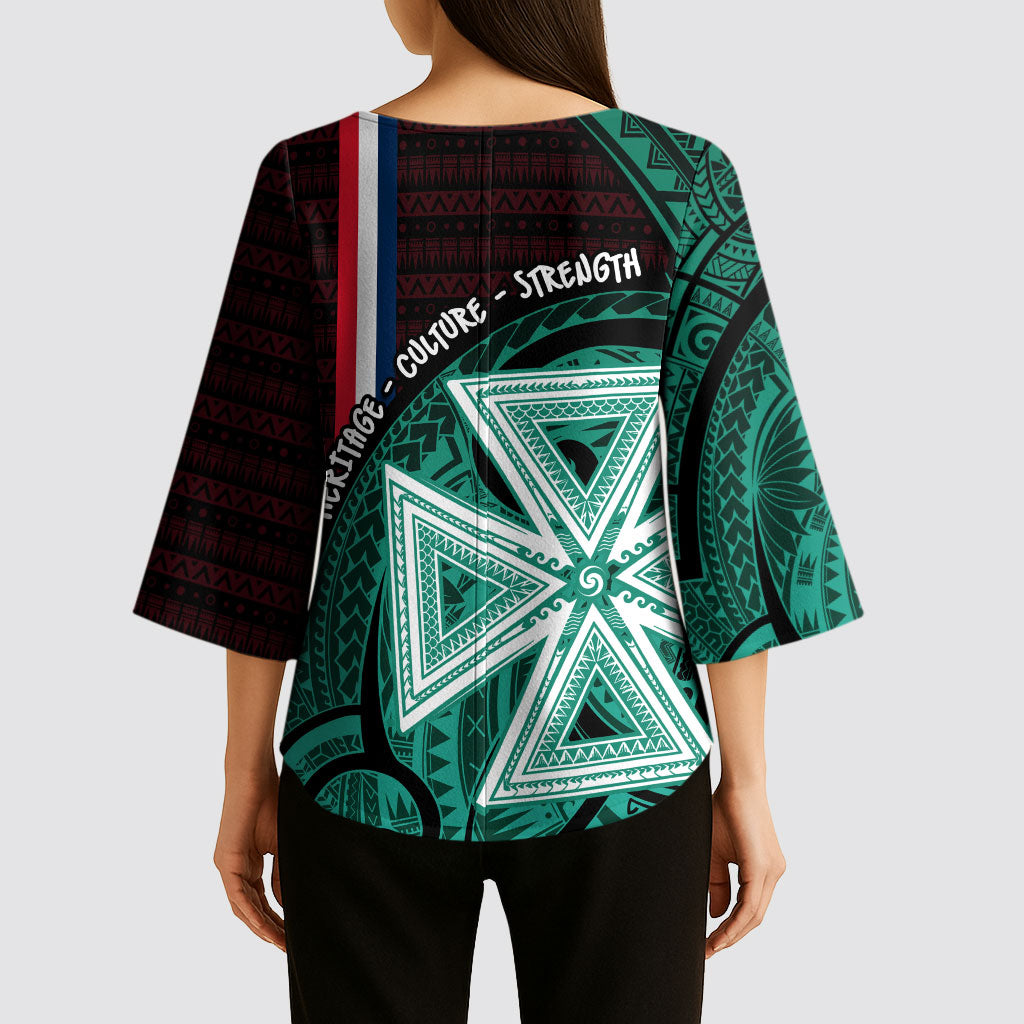 Wallis And Futuna Kimono Sleeve Blouse Tribal Polynesian Tattoo Heritage Cross Flag