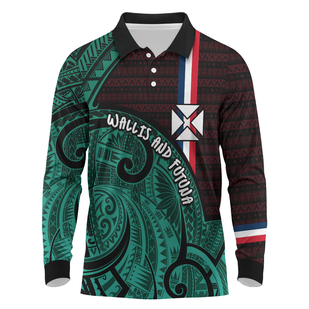 Wallis And Futuna Long Sleeve Polo Shirt Tribal Polynesian Tattoo Heritage Cross Flag TS04 Green Black - Polynesian Pride