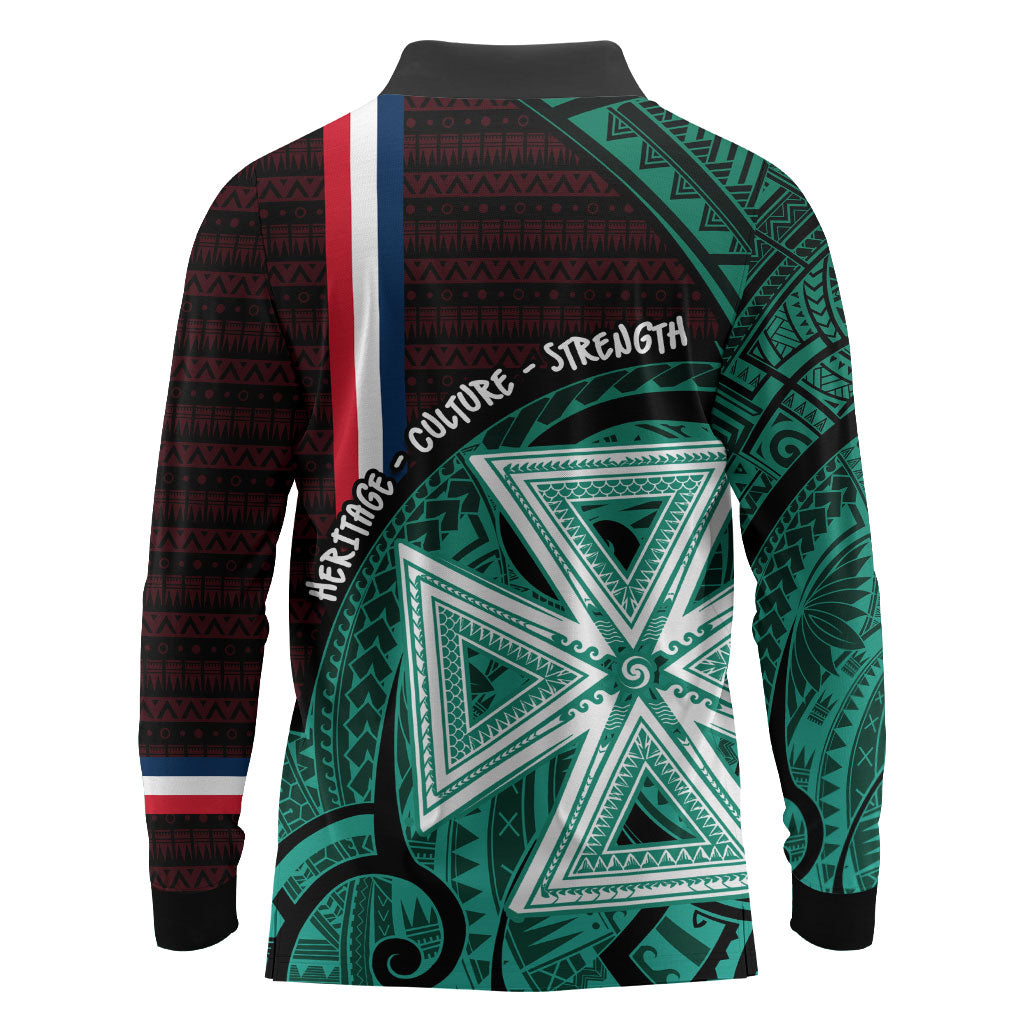 Wallis And Futuna Long Sleeve Polo Shirt Tribal Polynesian Tattoo Heritage Cross Flag