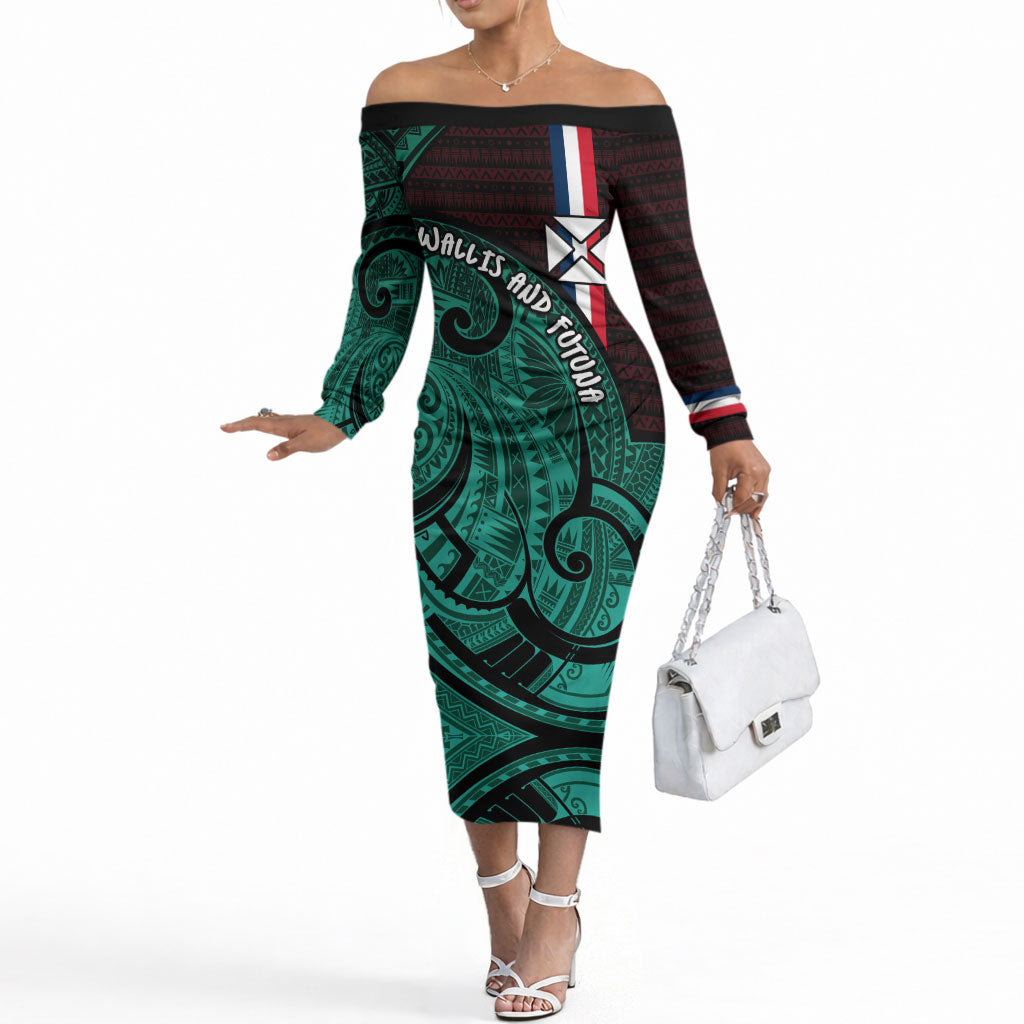 Wallis And Futuna Off The Shoulder Long Sleeve Dress Tribal Polynesian Tattoo Heritage Cross Flag