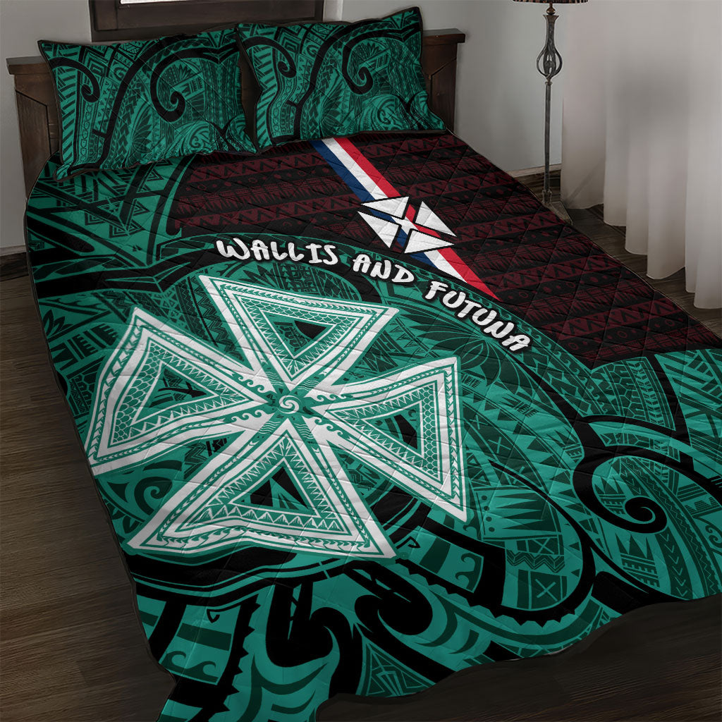 Wallis And Futuna Quilt Bed Set Tribal Polynesian Tattoo Heritage Cross Flag TS04 Green Black - Polynesian Pride