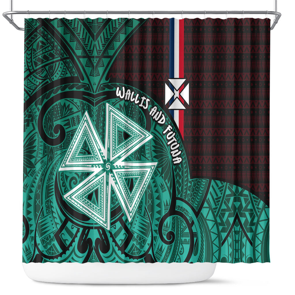 Wallis And Futuna Shower Curtain Tribal Polynesian Tattoo Heritage Cross Flag TS04 Green Black - Polynesian Pride