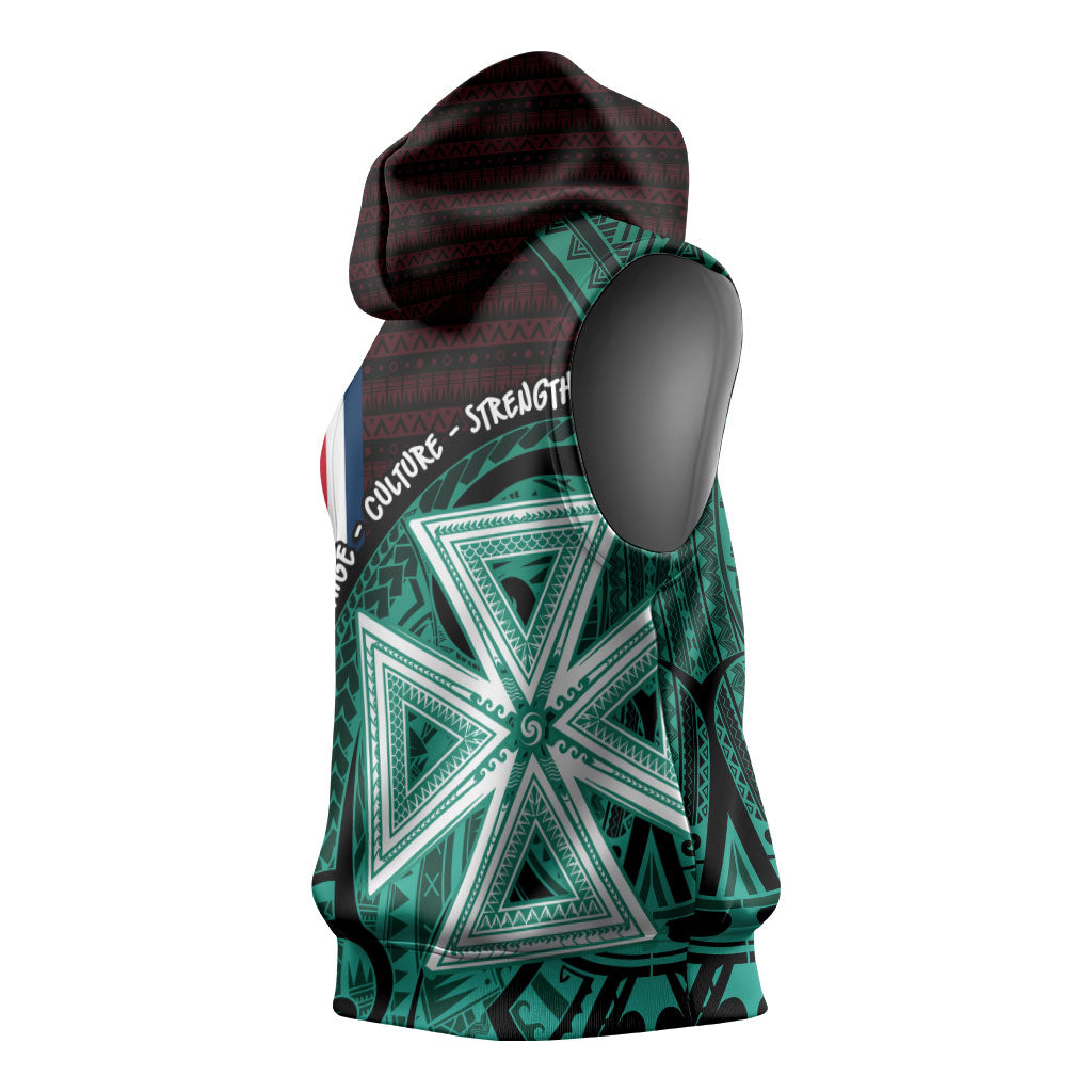 Wallis And Futuna Sleeveless Hoodie Tribal Polynesian Tattoo Heritage Cross Flag