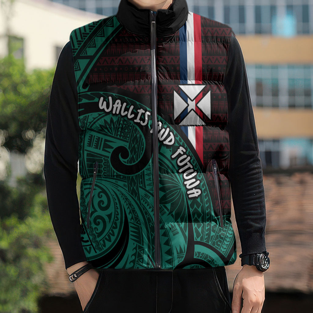 Wallis And Futuna Sleeveless Puffer Jacket Tribal Polynesian Tattoo Heritage Cross Flag