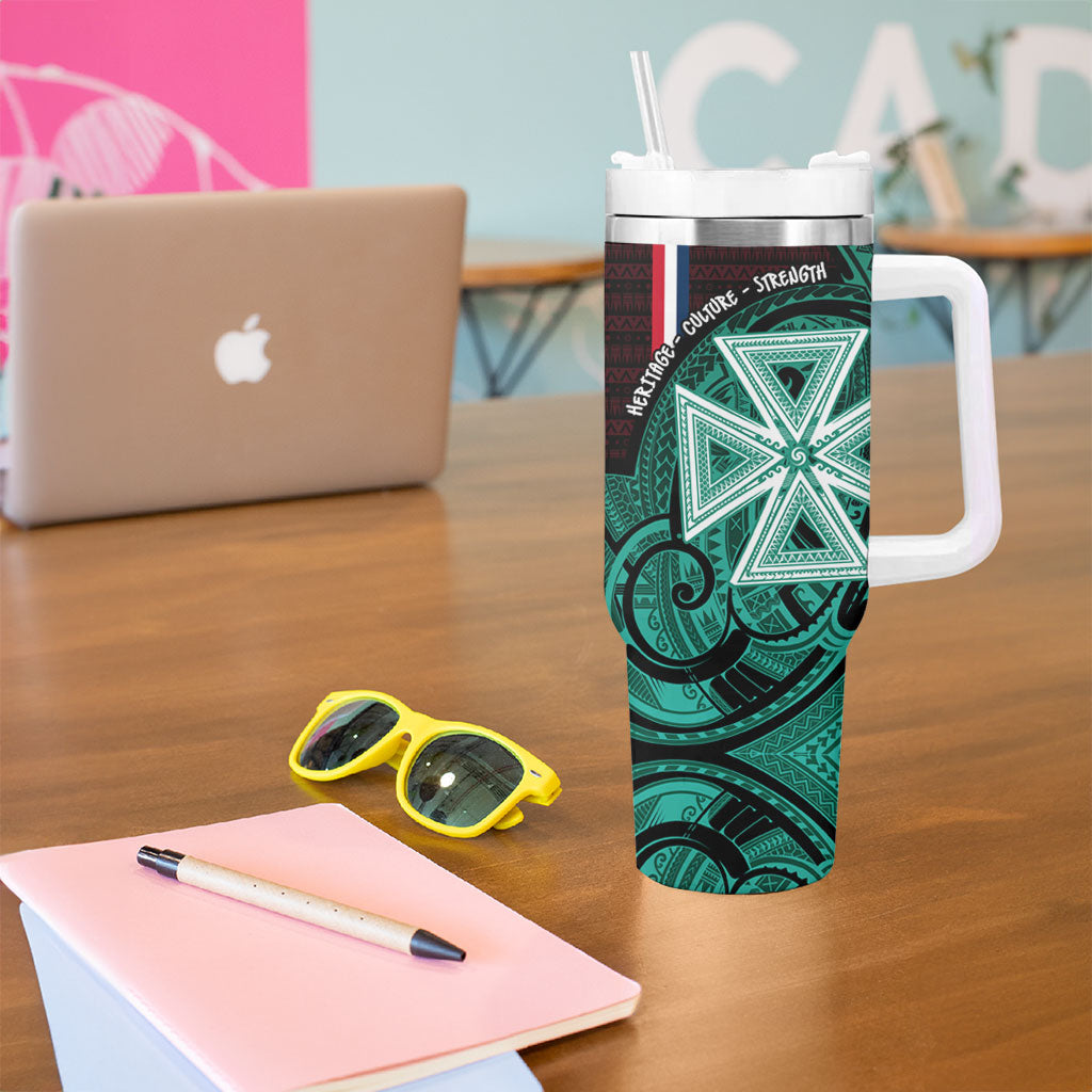 Wallis And Futuna Tumbler With Handle Tribal Polynesian Tattoo Heritage Cross Flag