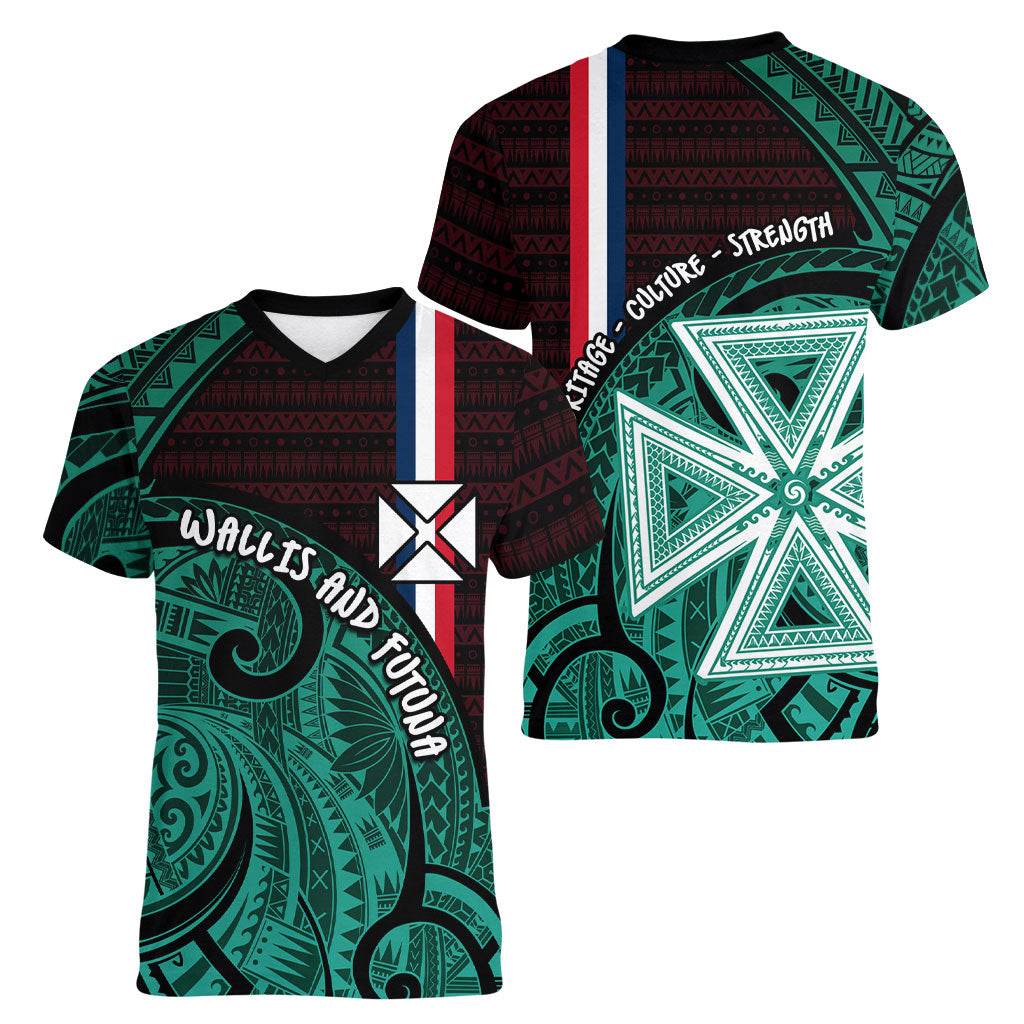 Wallis And Futuna Women V-Neck T-Shirt Tribal Polynesian Tattoo Heritage Cross Flag