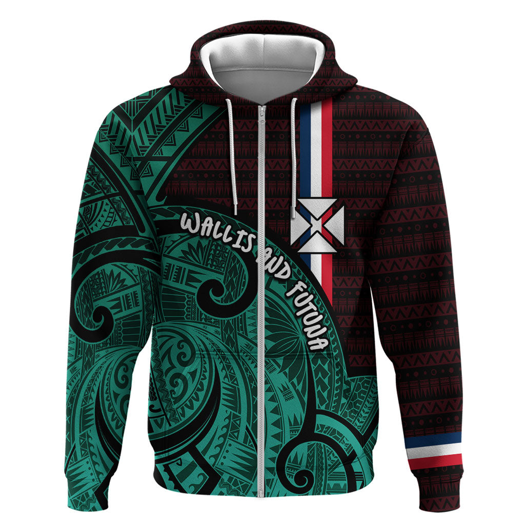 Wallis And Futuna Zip Hoodie Tribal Polynesian Tattoo Heritage Cross Flag