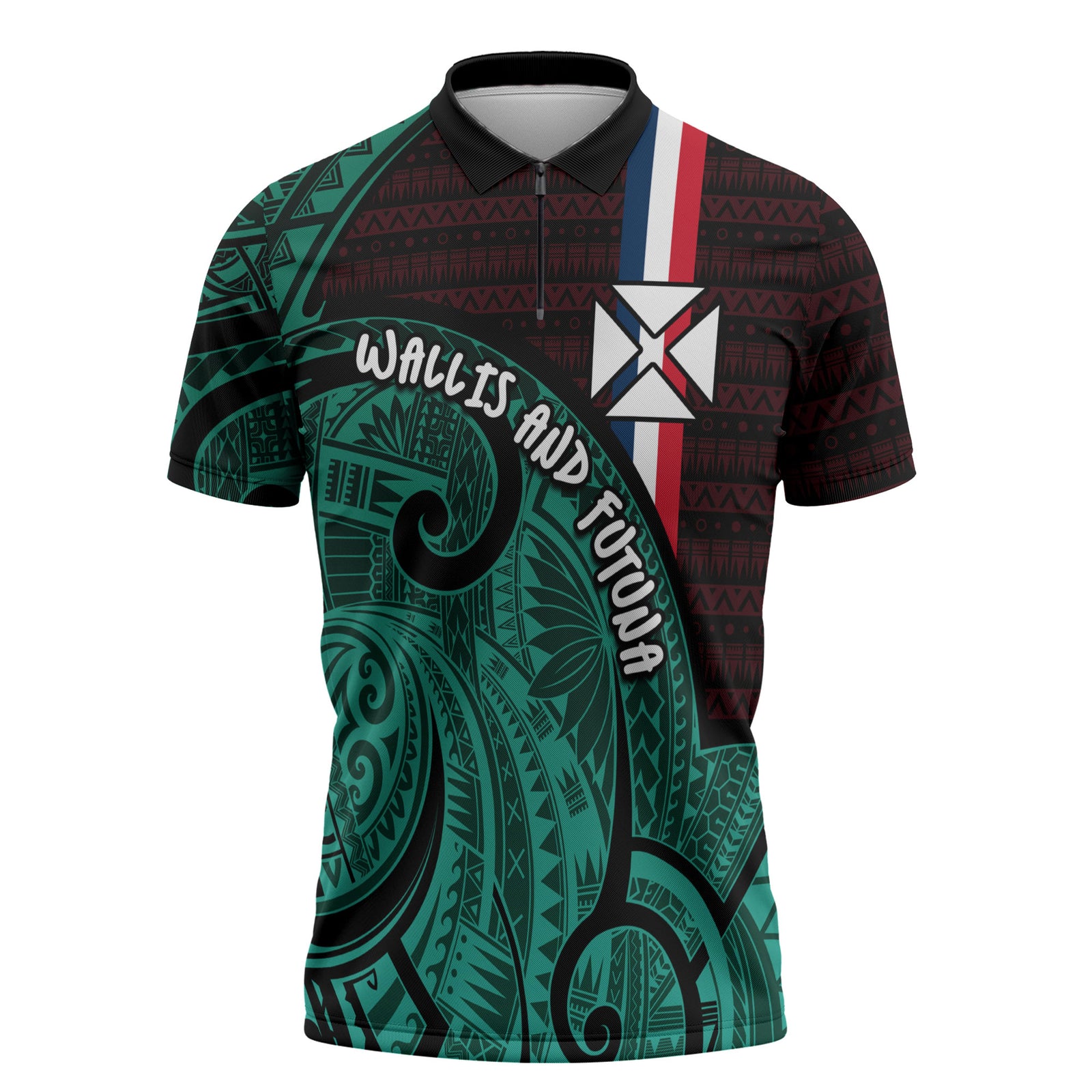 Wallis And Futuna Zipper Polo Shirt Tribal Polynesian Tattoo Heritage Cross Flag