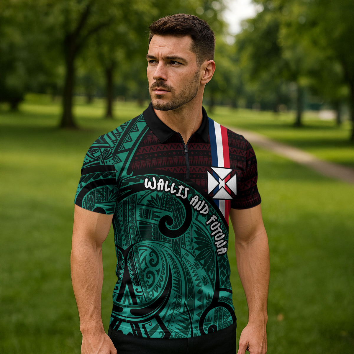 Wallis And Futuna Zipper Polo Shirt Tribal Polynesian Tattoo Heritage Cross Flag