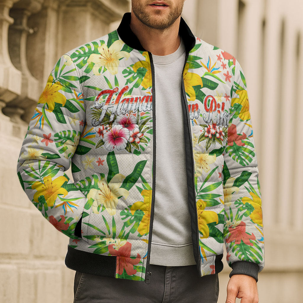 Hawaiian Piko Threads Of Paradise Aloha Bomber Puffer Jacket Tropical Hibiscus Plumeria