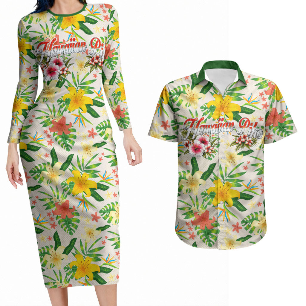 Hawaiian Piko Threads Of Paradise Aloha Couples Matching Long Sleeve Bodycon Dress and Hawaiian Shirt Tropical Hibiscus Plumeria TS04 White Green - Polynesian Pride