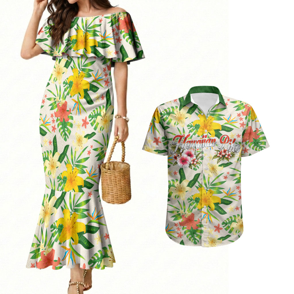 Hawaiian Piko Threads Of Paradise Aloha Couples Matching Mermaid Dress and Hawaiian Shirt Tropical Hibiscus Plumeria TS04 White Green - Polynesian Pride