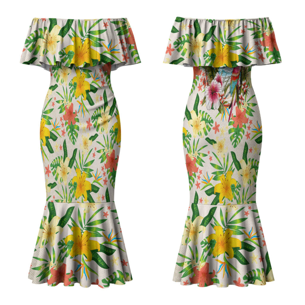 Hawaiian Piko Threads Of Paradise Aloha Couples Matching Mermaid Dress and Hawaiian Shirt Tropical Hibiscus Plumeria