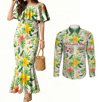 Hawaiian Piko Threads Of Paradise Aloha Couples Matching Mermaid Dress and Long Sleeve Button Shirt Tropical Hibiscus Plumeria