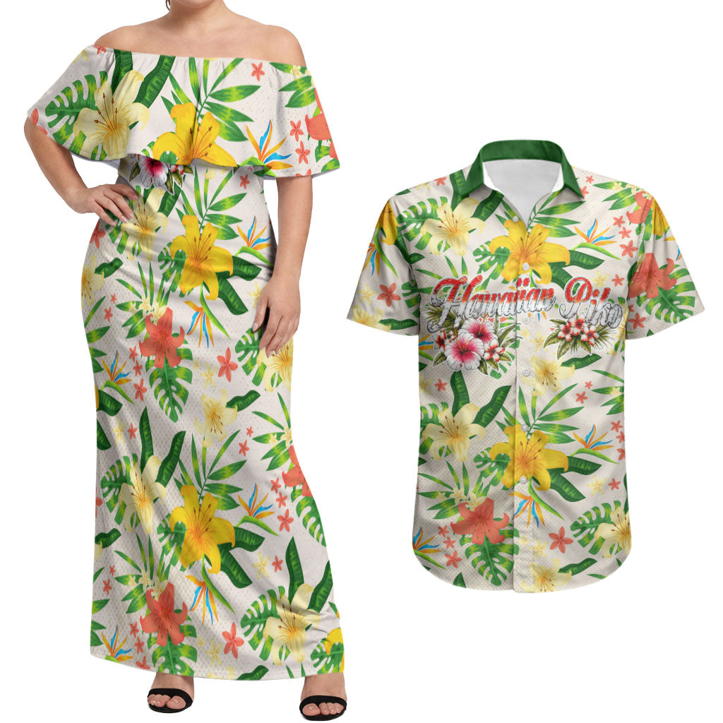 Hawaiian Piko Threads Of Paradise Aloha Couples Matching Off Shoulder Maxi Dress and Hawaiian Shirt Tropical Hibiscus Plumeria TS04 White Green - Polynesian Pride