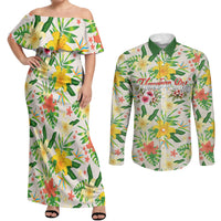 Hawaiian Piko Threads Of Paradise Aloha Couples Matching Off Shoulder Maxi Dress and Long Sleeve Button Shirt Tropical Hibiscus Plumeria